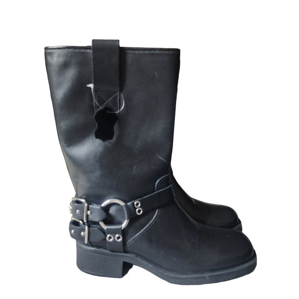 Black and Silver Mid-Calf Moto Boots with Harness Strap